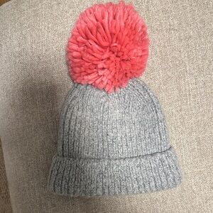 Gray Knit Hat with Pink Pom-Pom
